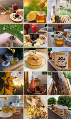 the collage shows different types of food and drinks on plates, with honey in jars