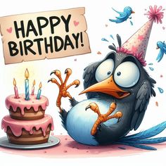 a cartoon bird with a birthday hat and cake