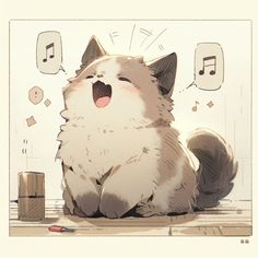 a cat sitting on the floor with its mouth open and music notes flying around it