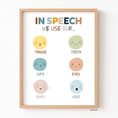 a framed poster with the words in speech, we use our tongue lips and ears