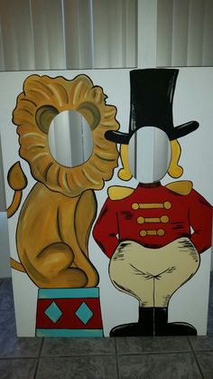 a painting of a lion and a man in front of a wall with a mirror