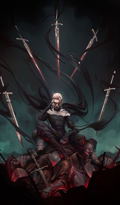 a man sitting on top of a pile of swords in front of a dark background