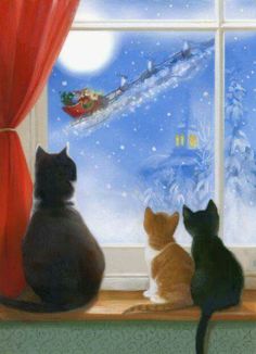 two cats sitting on a window sill looking out at the snow and santa's sleigh