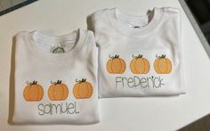 Custom embroidered, personalized Pumpkin shirt for little boy.  A name may be added to these.  Choose long or short sleeve Fall pumpkin shirt for your little man. Choose your font choice and thread color if a name is to be added.  List these in the personalization section. I apply tender touch to back of embroidery design as to not scratch your little one.  Wash in cold water inside out and line dry. Warm iron if needed.  I look forward to making something special for your little one. If you have any questions please feel free to message me. Embroidered Pumpkin, Crab Shirt, Pumpkin Embroidery, Pumpkin Outfit, Monogram Shirts, Machine Embroidery Projects, Embroidery Monogram, Purple Shirt, Pumpkin Shirt