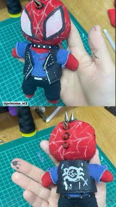 two pictures of the same spiderman stuffed animal in different stages of being handmade