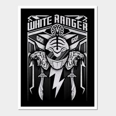 the white ranger logo on a black background with lightnings and two hands in front of it