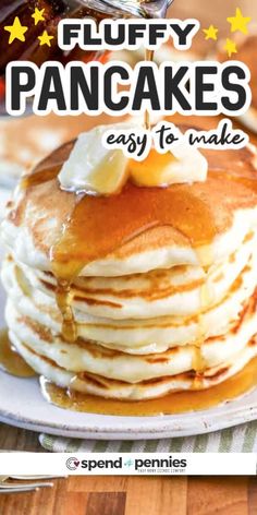 pancakes with butter and syrup on top are shown in front of the recipe book, fluffy pancakes easy to make