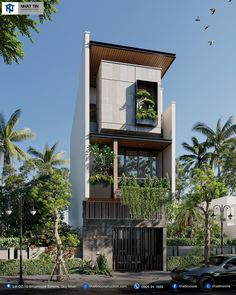 an artist's rendering of a two story building with plants on the balconies