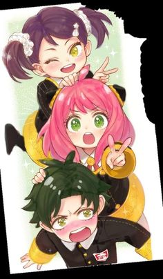 three anime characters with green eyes and pink hair, one is pointing at the camera