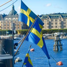 the flags are hanging from the mast of a boat in the water with buildings in the background