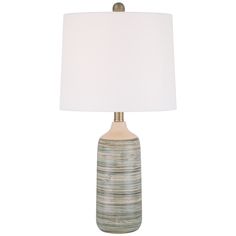 a table lamp with a white shade on it's base and a light bulb