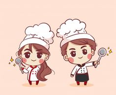 two people in chef hats holding spoons