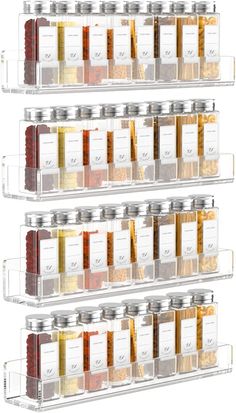 three clear shelves filled with different types of spices and condiments in each container