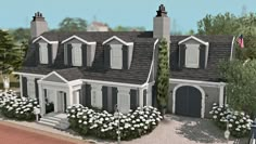 this is an artist's rendering of a two story house with white flowers in the front yard