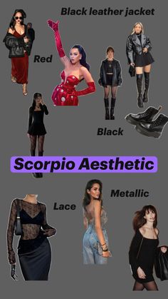 several different types of women in black and red outfits with text that reads scorpio aesthetic