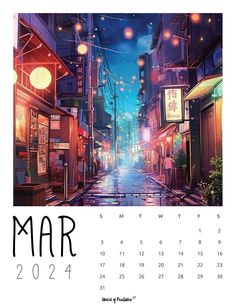 a calendar with an image of a city street at night