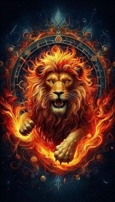 a lion with flames on it's face