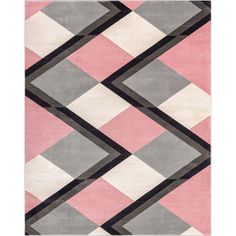 a pink, grey and white rug with an abstract design