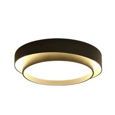 a black and gold circular light fixture on a white background with the lights turned off