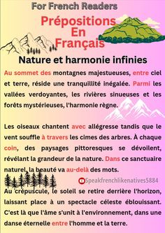 a french poster with the words for prepositions en francalis on it