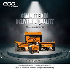 an advertisement for the eco power battery company, featuring three different types of batteries on display