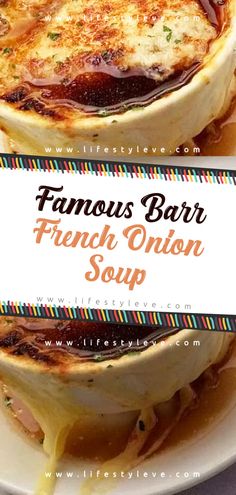 a close up of a plate of food with the words famous bar french onion soup