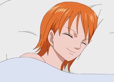 an anime character with red hair laying in bed and smiling at the camera as if he was sleeping