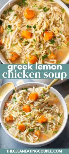 two bowls of chicken noodle soup with lemons and parsley