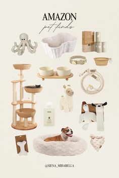 an ad for the amazon store with items and accessories on display, including a dog's bed