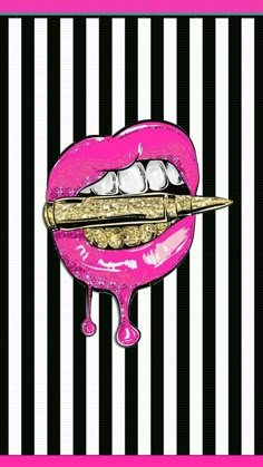 a pink and black striped background with an image of a mouth holding a toothbrush