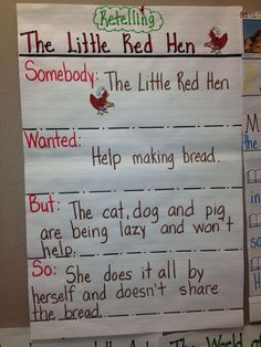 a bulletin board with writing and pictures on it that says, the little red hen somebody the little red hen wanted help making bread