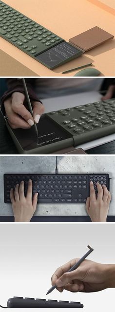 four different views of the same keyboard and mouse, one with a person's hand on it