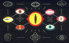 an image of the eye and cross symbol on a black background with other symbols around it