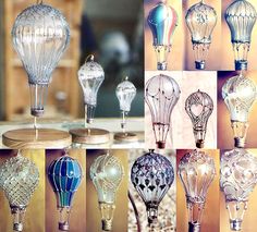 many different types of light bulbs in various styles and sizes, all with decorative designs on them