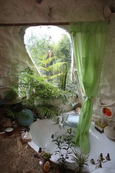 there is a bathtub with plants in it and an open window to the outside