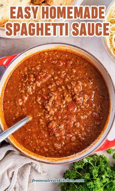 easy homemade spaghetti sauce in a pot with bread and parsley on the side