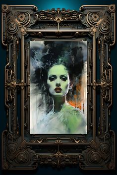 an art work with a woman's face painted in green