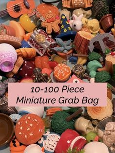 a pile of miniature toys with the title 10 - 100 piece miniature grub bag