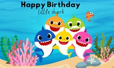 happy birthday card with cartoon sharks and corals