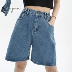 Ingvn - Women’s Short Summer High Waist Jeans Baggy Straight Five Points Trousers Streetwear Fashion Innovation, Vintage Denim Shorts, Mom Denim, Denim Wide Leg, Denim Decor, Vintage Mom, Wide Trousers, Jeans Material, Friends Fashion