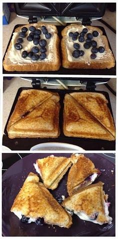 four different views of toasted sandwiches with blueberries on them