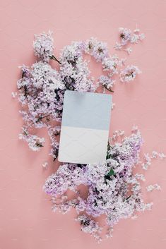 purple flowers on a pink background with an empty piece of paper next to it and a white rectangle in the middle