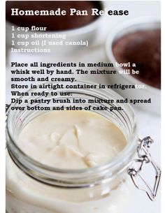 homemade pan re - ease recipe in a jar with instructions on how to use it