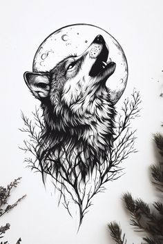 a drawing of a wolf with the moon in the sky above it and some branches