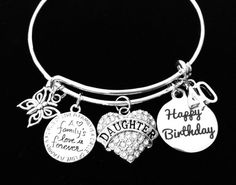 Crystal Heart Daughter Charm, Happy Birthday, Family Quote, Butterfly and 40 charm securely attached to a silver plated Expandable Adjustable Bangle Bracelet.To Personalize…Use this link if you would like to add Birthstones to this bracelet ~ https://www.etsy.com/listing/774404837Use this Link to add an Initial Charm to this bracelet ~ https://www.etsy.com/listing/760532344Meaningful Charm Bracelet; great gift idea!  This can be sent directly to your intended with your personal message included. Birthday Bracelets For Mother's Day, Silver Jewelry For Birthday And Valentine's Day, Silver Charm Bracelet For Anniversary, Bracelets For Birthday And Mother's Day, Hypoallergenic Jewelry For Birthday And Mother's Day, Silver Bracelets For Birthday And Valentine's Day, Valentine's Day Anniversary Round Charm Bracelet, Silver Charm Bracelet As Birthday Gift, Silver Hallmarked Jewelry For Birthday