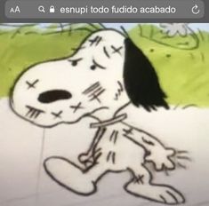 a drawing of a snoopy dog sitting on the ground with grass in the background