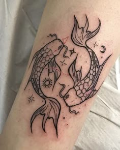 a couple of fish sitting on top of a person's leg with their hands in the air