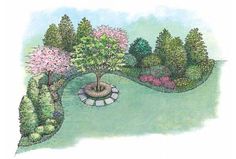 an artist's rendering of a garden with trees, shrubs and stones in the center