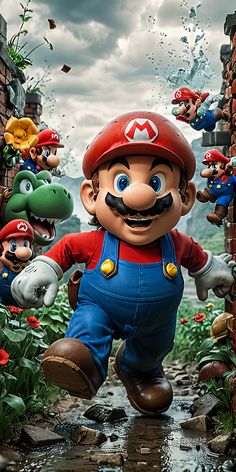 an image of mario running in the rain with many other characters behind him and onlookers