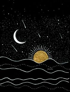 an image of the sun and moon in the sky over water with stars above it